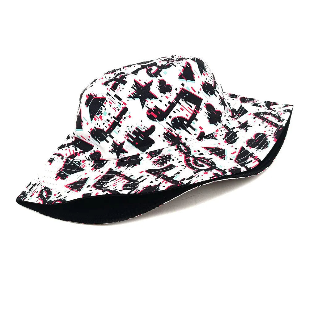 Bucket hat with musical note pattern in retro style, dome crown construction, polyester fabric