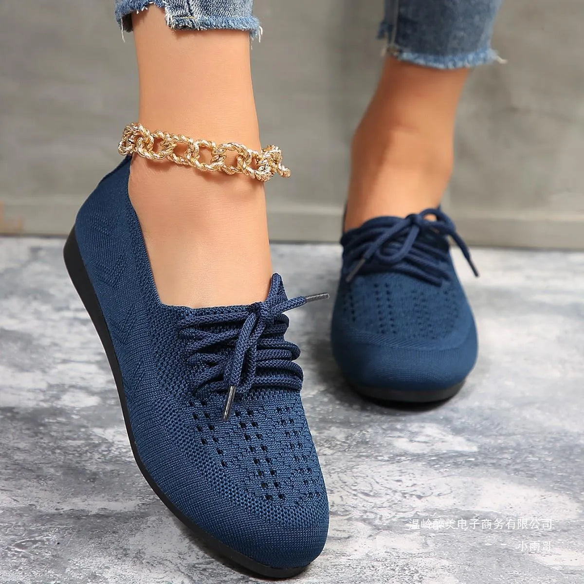 Lace-up flats women breathable mesh round toe shoes in black, blue, brown, light grey