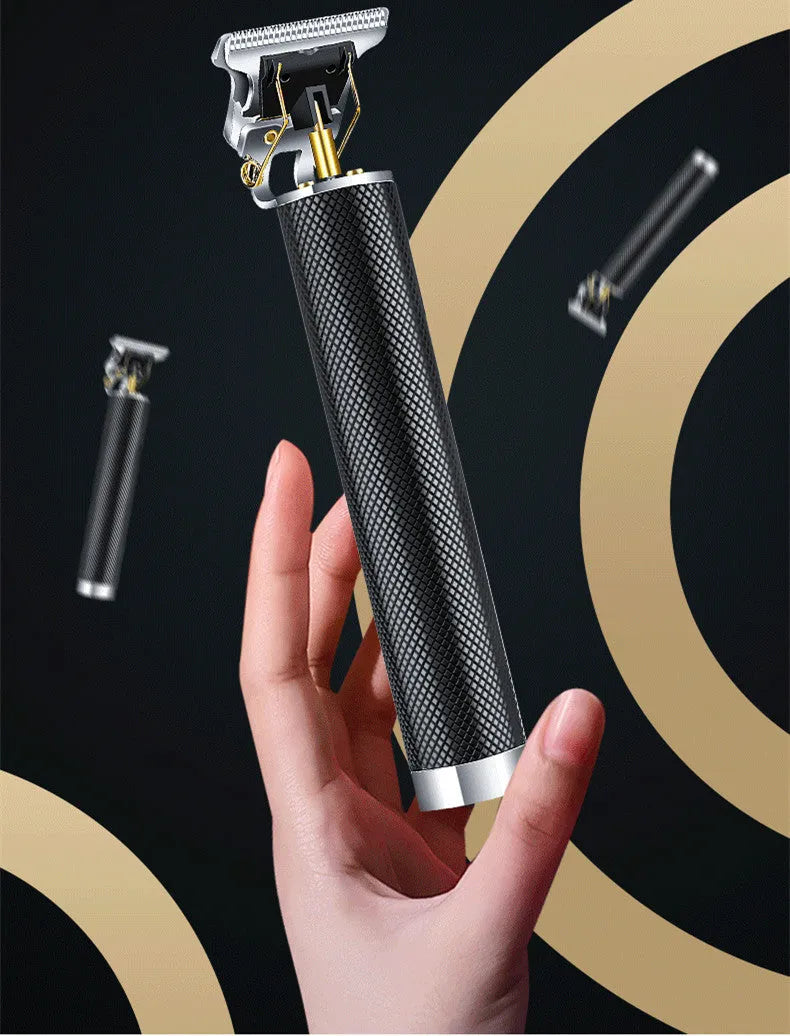 Black rechargeable electric hair clipper with gold steel blades, four comb attachments, and cleaning brush