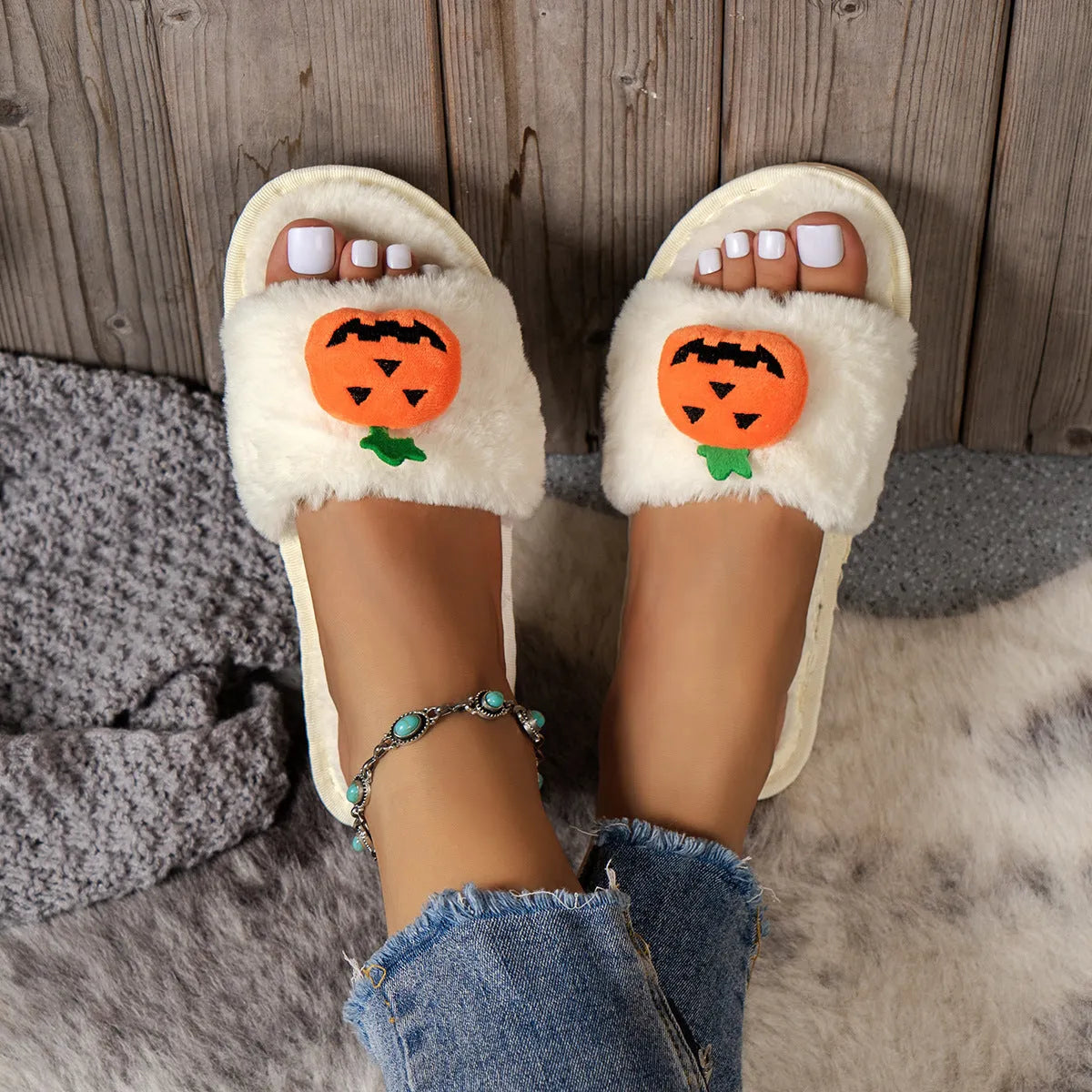 Yellow and white Halloween pumpkin plush open toe slippers with synthetic fur upper and PVC sole