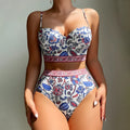 Blue women's high waist bikini with push-up top on a mannequin