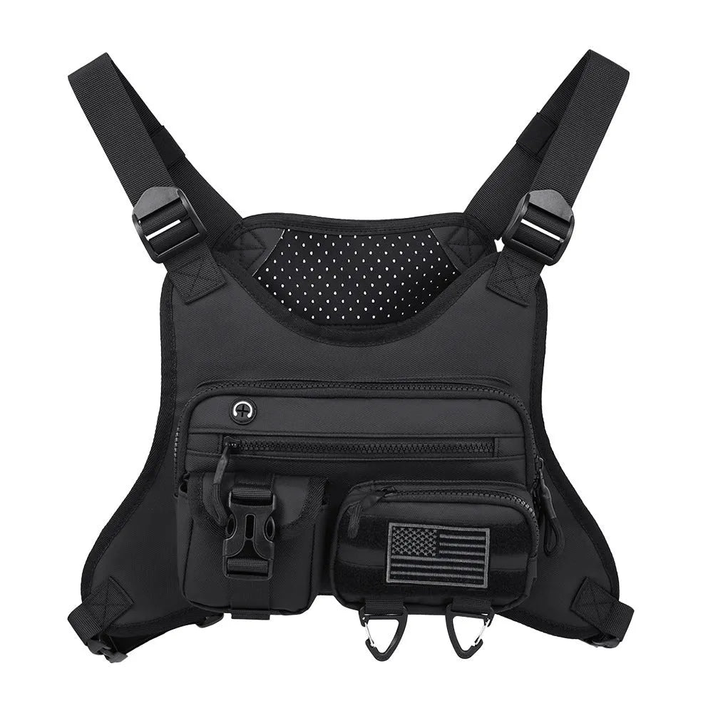 Oxford cloth chest bag with vest design in black, gray, or blue for outdoor sports
