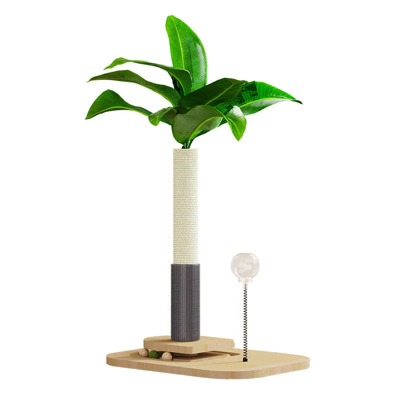 Vertical wooden cat scratching post with canna-coloured column and food drop ball feature