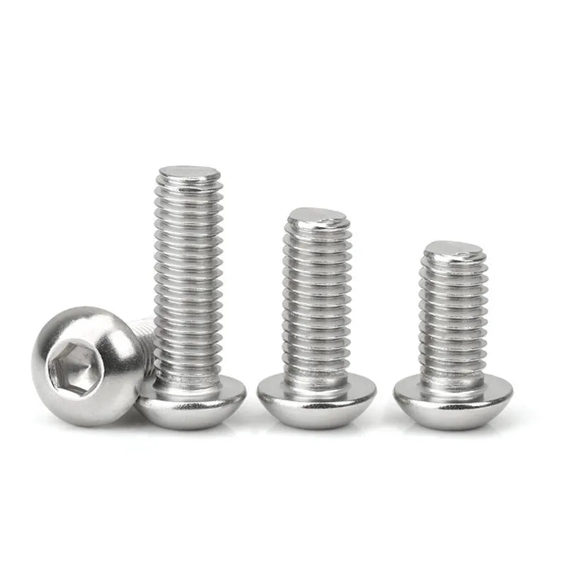 Stainless steel half round head hexagon screw with whitewash finish, shown next to a hex key.