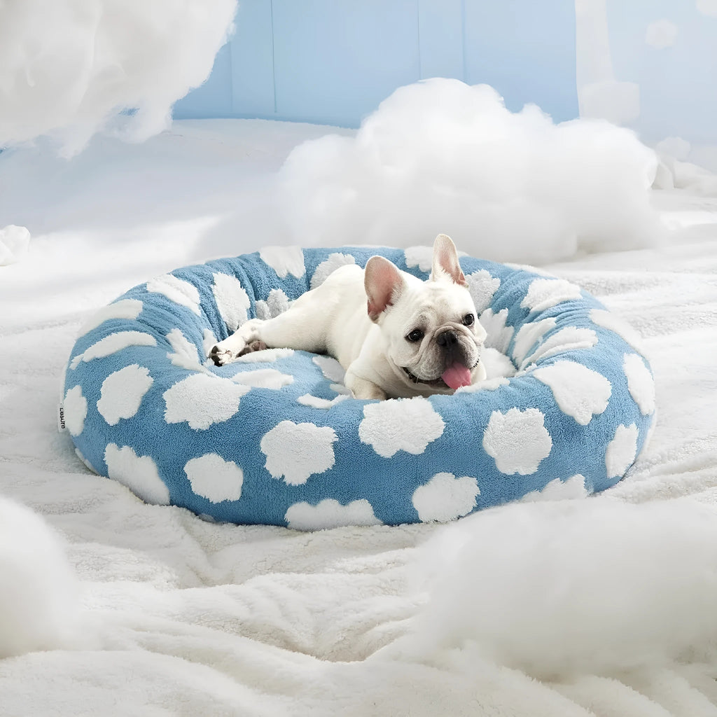 Round plastic dog bed with a blue and white plaid fabric cover, shown on a wooden floor.