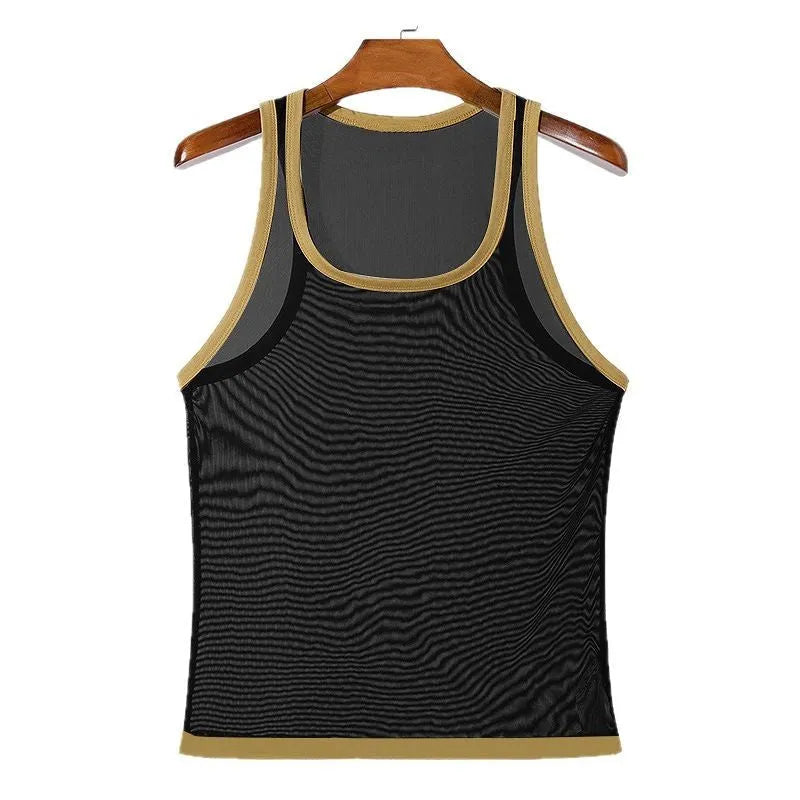 Men's black polyester mesh sleeveless fitness vest on a white background