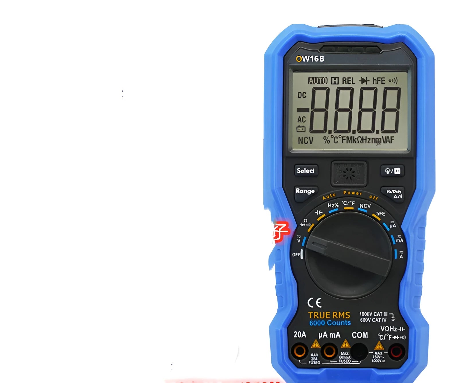 Handheld digital multimeter showing display, model options OW16B and OW18 with Bluetooth function choices.