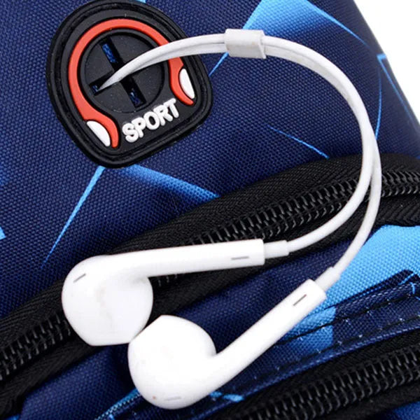 Blue Oxford cloth crossbody sling bag with earphone hole and zipper pocket.