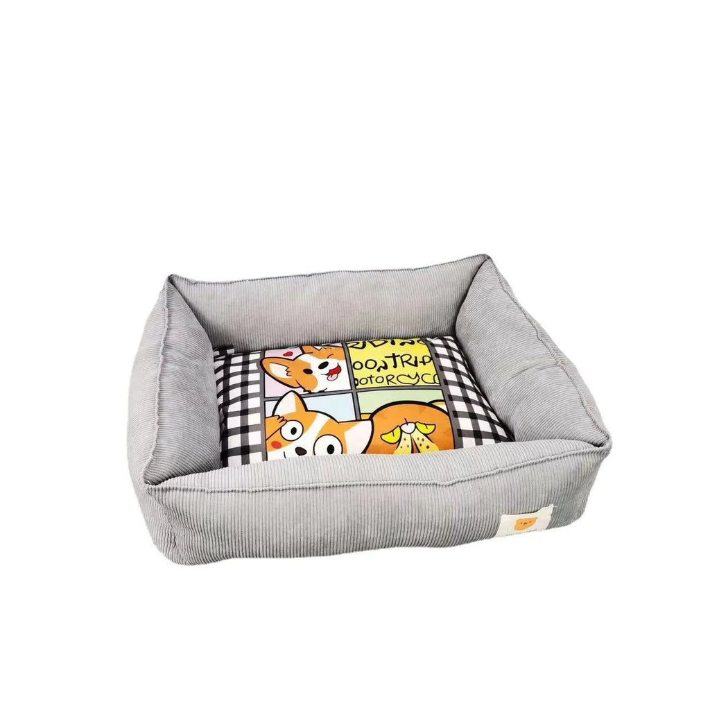 Light blue washable cotton pet winter nest for dogs and cats on a floor.