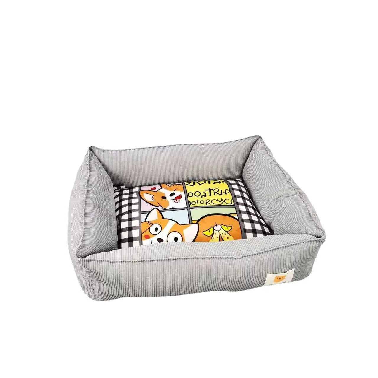 Light blue washable cotton pet winter nest for dogs and cats on a floor.