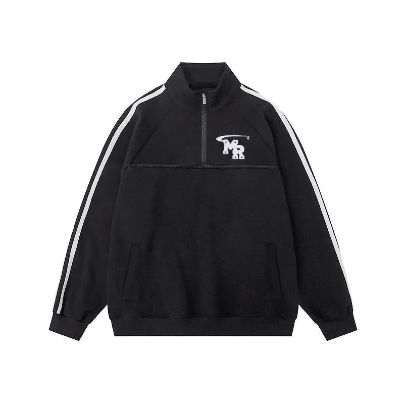 Black retro Hong Kong style hoodie with stand collar and long sleeves for casual sports wear