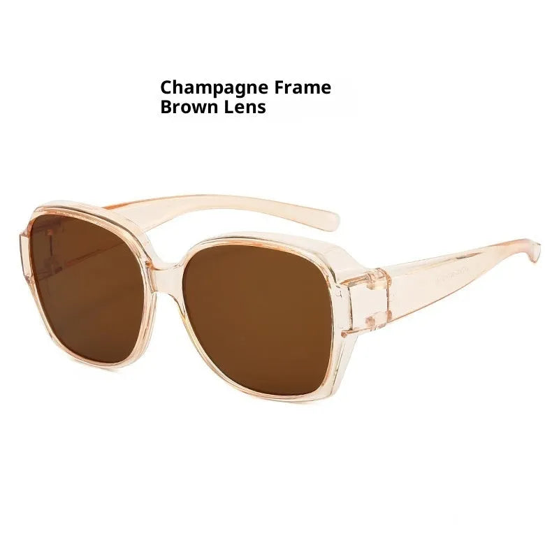 Large rim clip-on polarized sun glasses with black frame and black grey lens UV protection for women driving