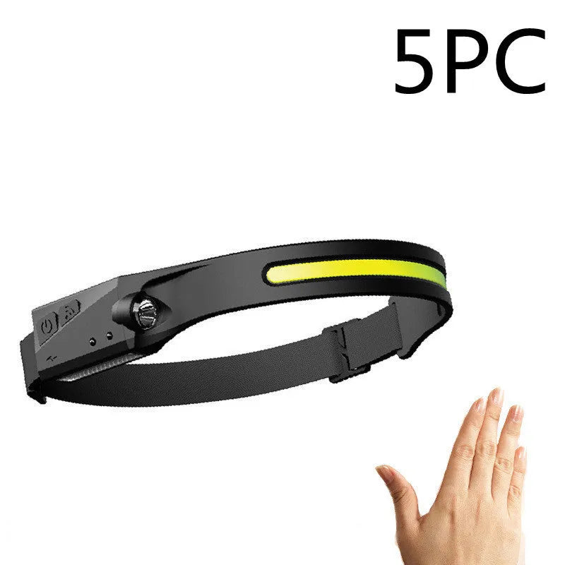 COB LED induction headlamp with wide beam and side LED for long-distance lighting, USB rechargeable, silicone build