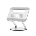 Silver aluminium alloy laptop stand shown in an adjustable, rotatable, and folded position