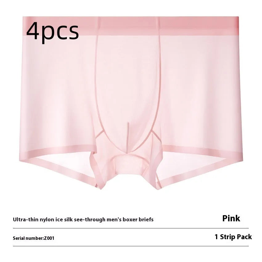 Men's ice silk boxer briefs in multiple colours on a white background, showing seamless design.