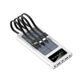 Black solar power bank with integrated charging cable showing 20000mAh capacity and solar panel