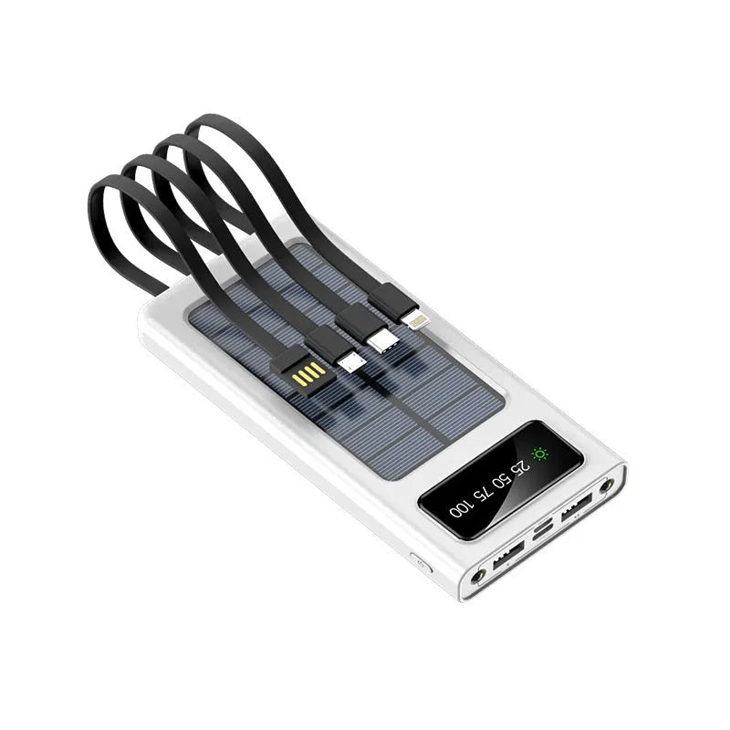 Black solar power bank with integrated charging cable showing 20000mAh capacity and solar panel