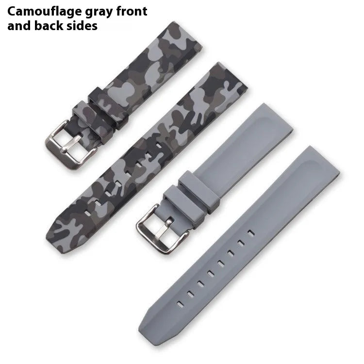 Green camouflage silicone watch strap showing 20mm lug width and buckle.