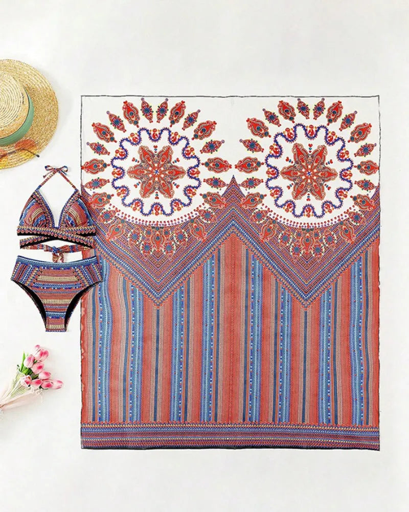 Women's three-piece swimsuit set showing sleeveless cutout blouse, high-waisted briefs, and matching coat