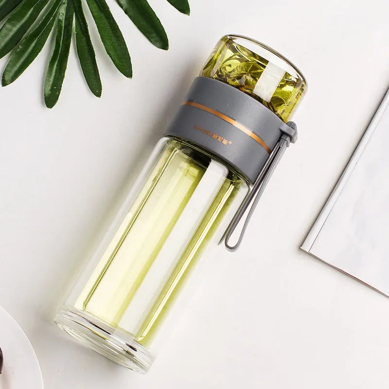 Double wall glass water bottle with tea infuser filter, leakproof, high borosilicate, stainless steel strainer, portable rope, 400ml