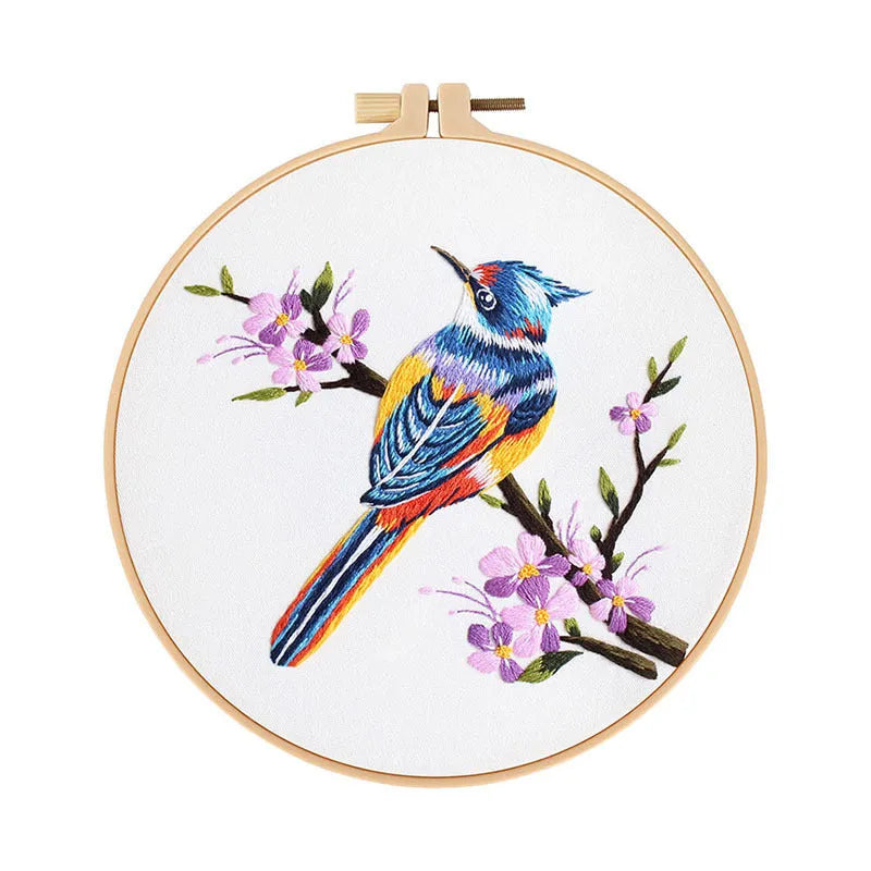 Flower and bird hanging painting embroidery DIY kit with chintz fabric, threader, scissors, and 20cm bamboo frame