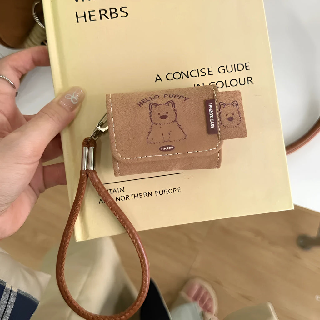 Brown imitation leather AirPods protective case with cartoon West Highland dog and frosted finish