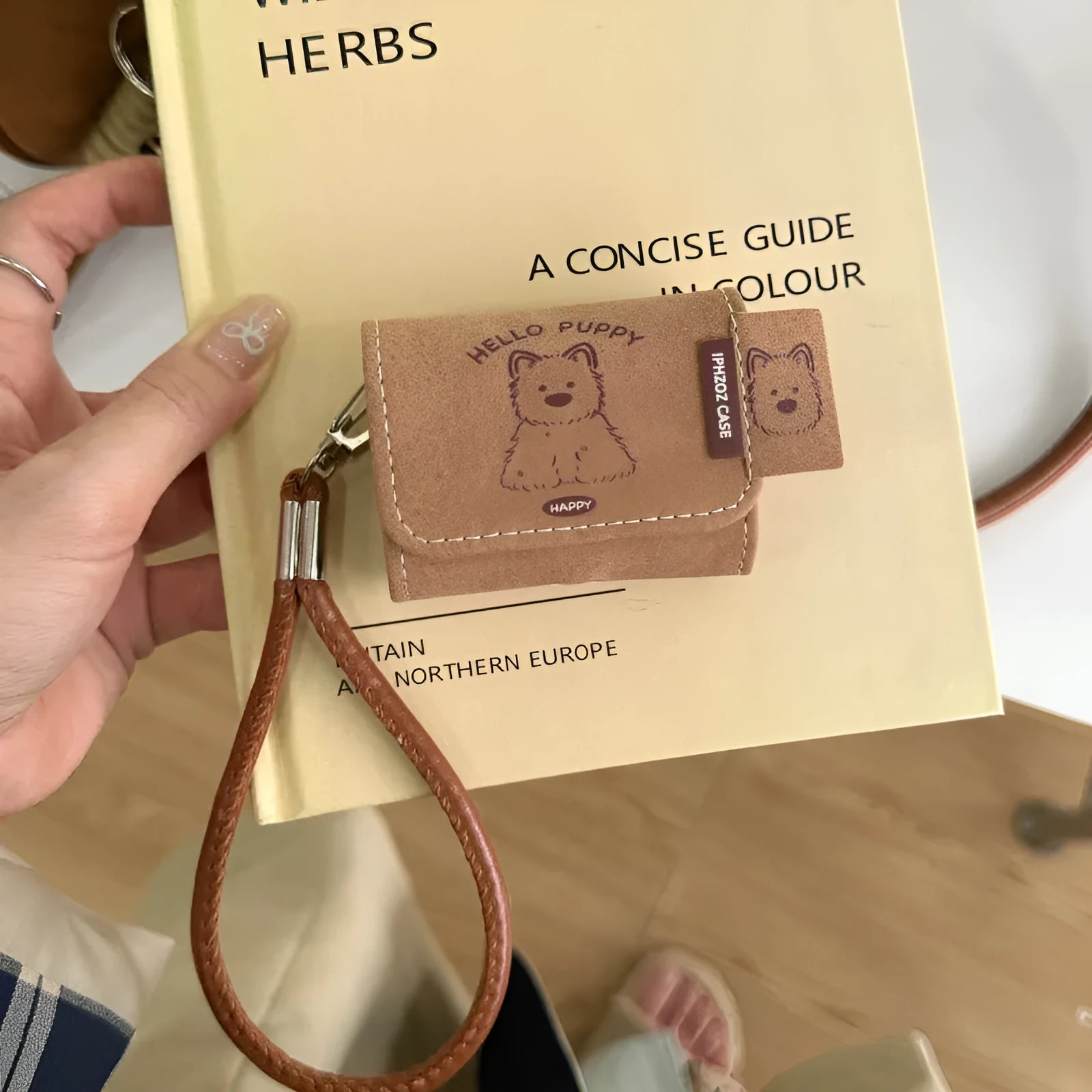 Brown imitation leather AirPods protective case with cartoon West Highland dog and frosted finish