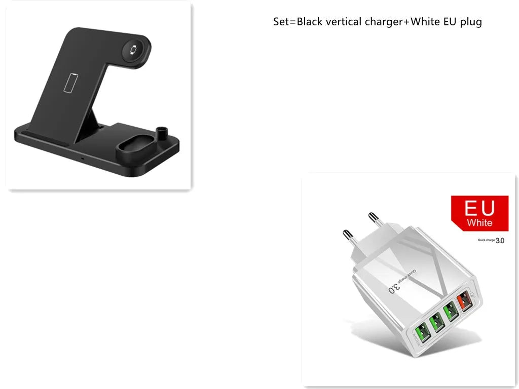 Black and white 4-in-1 wireless charging station showing phone on adjustable stand, Apple Watch, AirPods, and Apple Pencil charging simultaneously.