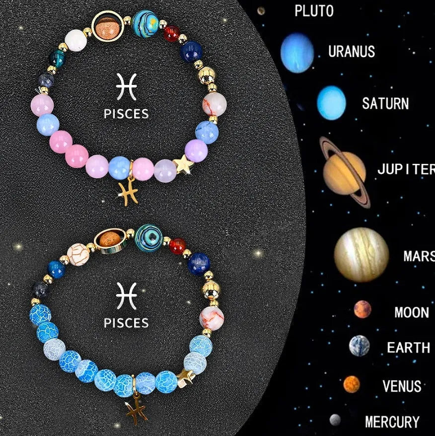 Set of twelve natural stone beaded bracelets, each with a different zodiac sign charm.
