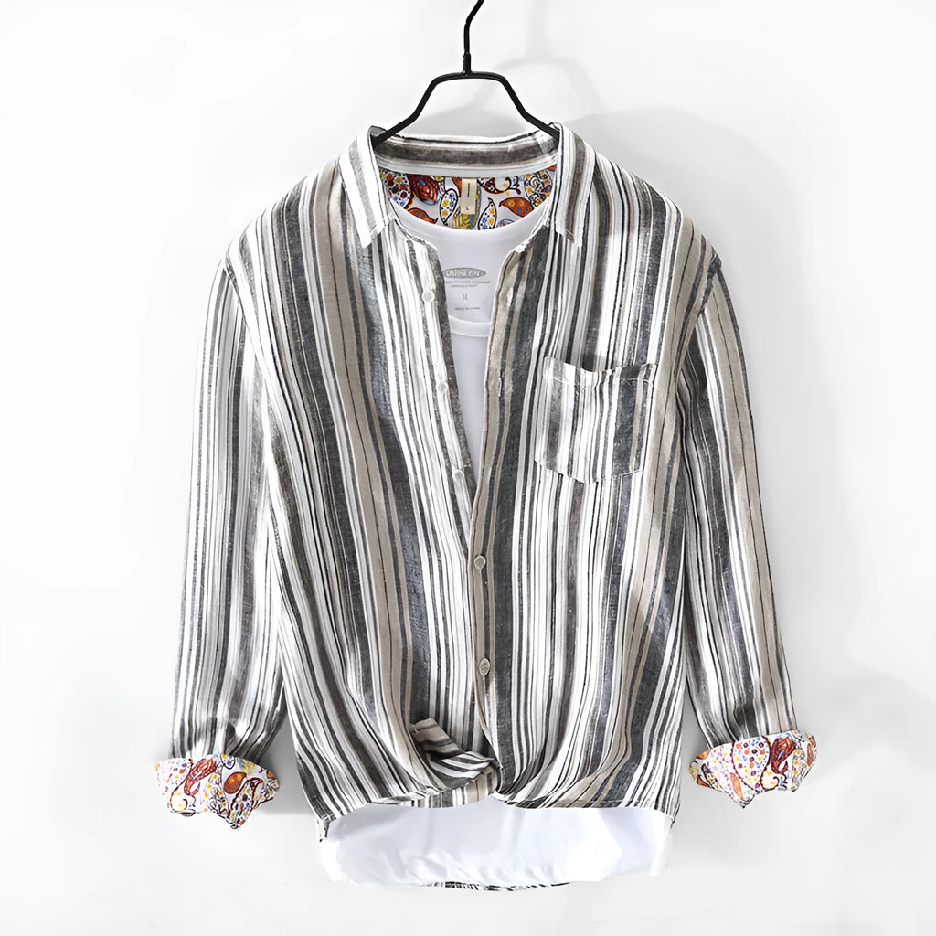 Men's striped linen shirt in red or grey with long sleeves and loose fit casual design