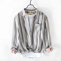 Men's striped linen shirt in red or grey with long sleeves and loose fit casual design