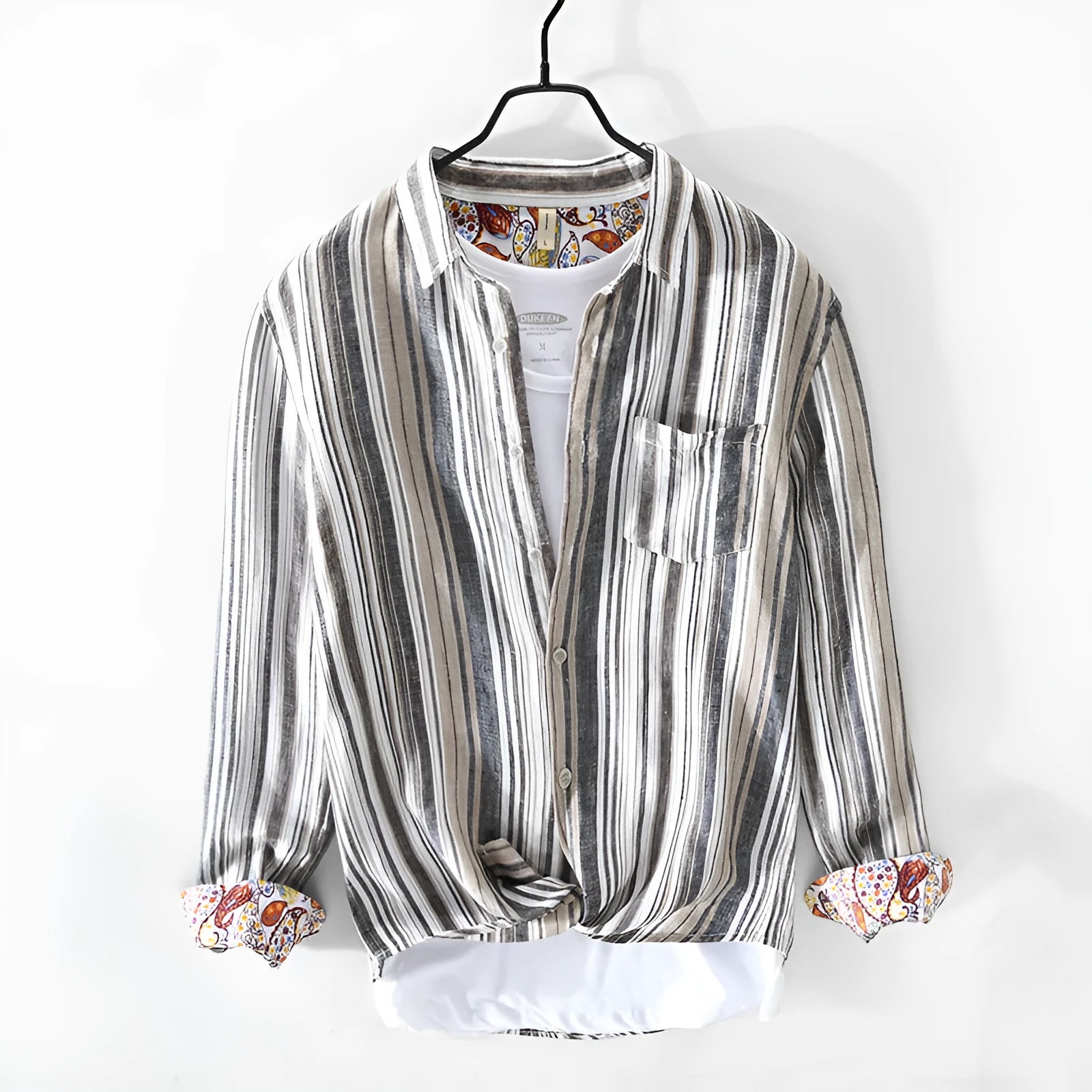 Men's striped linen shirt in red or grey with long sleeves and loose fit casual design