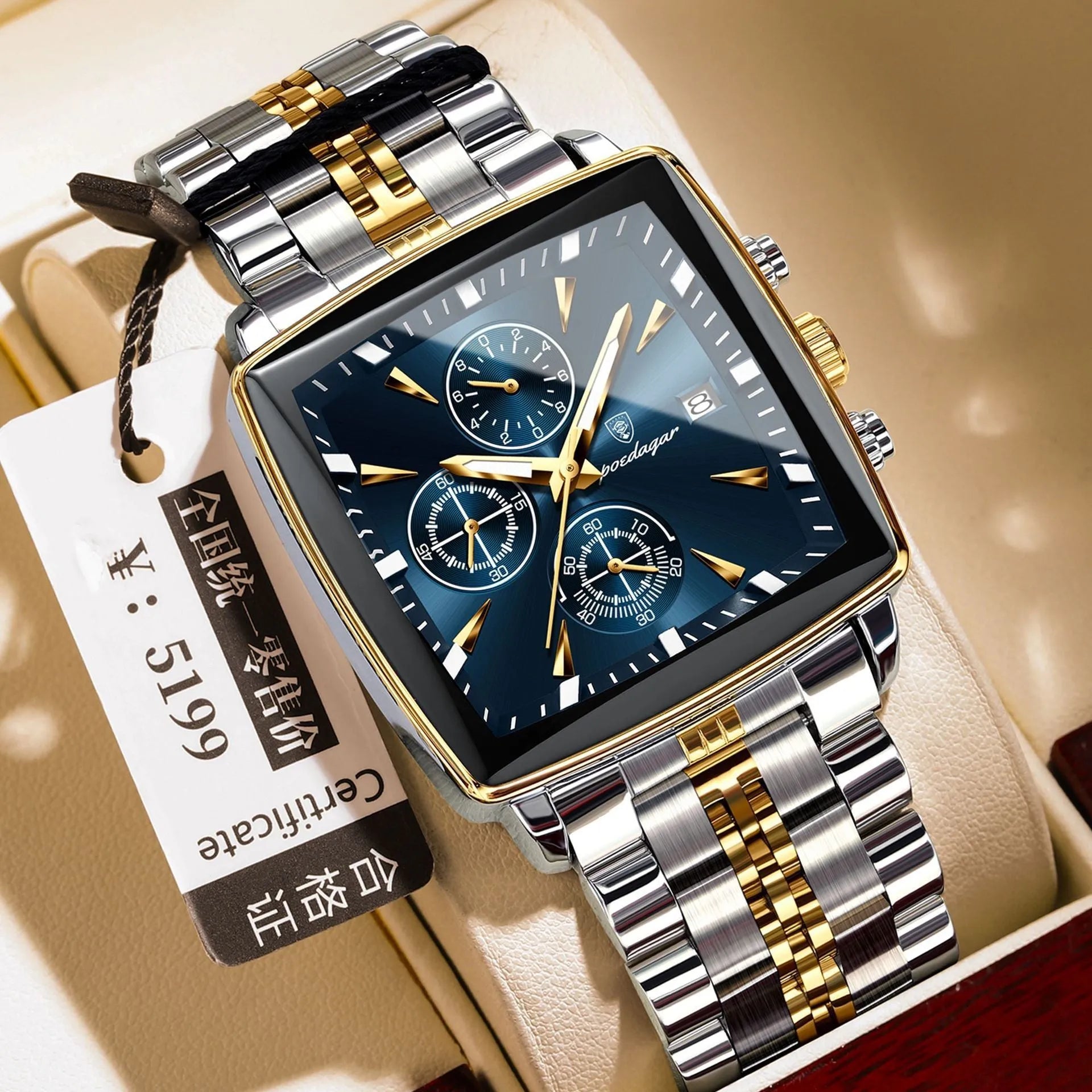 Square men's business watch with stainless steel strap and mineral glass face