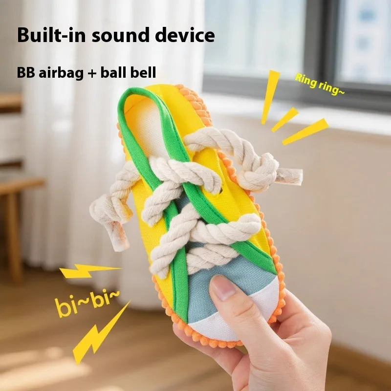 Plastic slippers-shaped dog toy with squeaker in yellow, black, or blue colour options