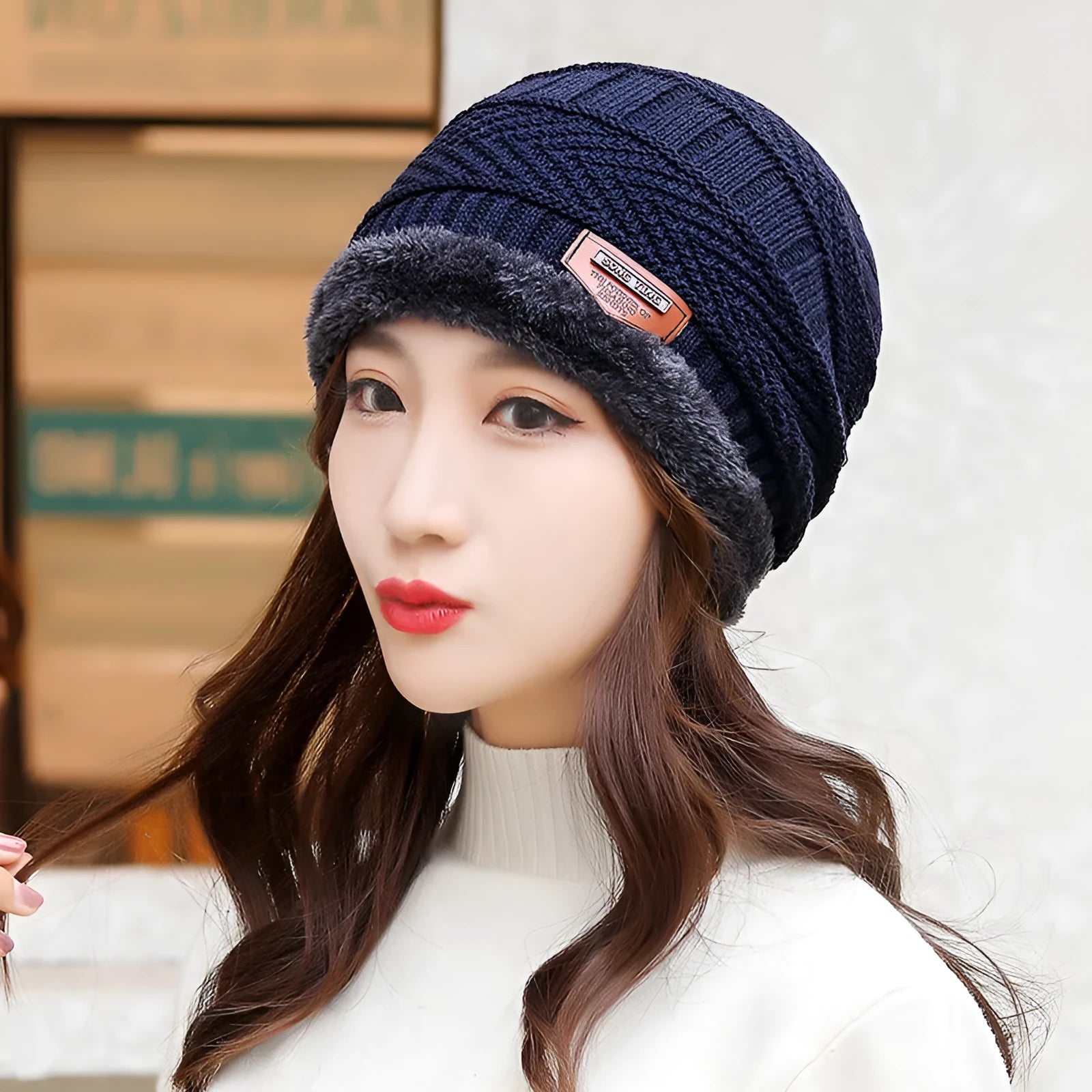Coral fleece wool balaclava hat in navy blue with dome top and neck cover