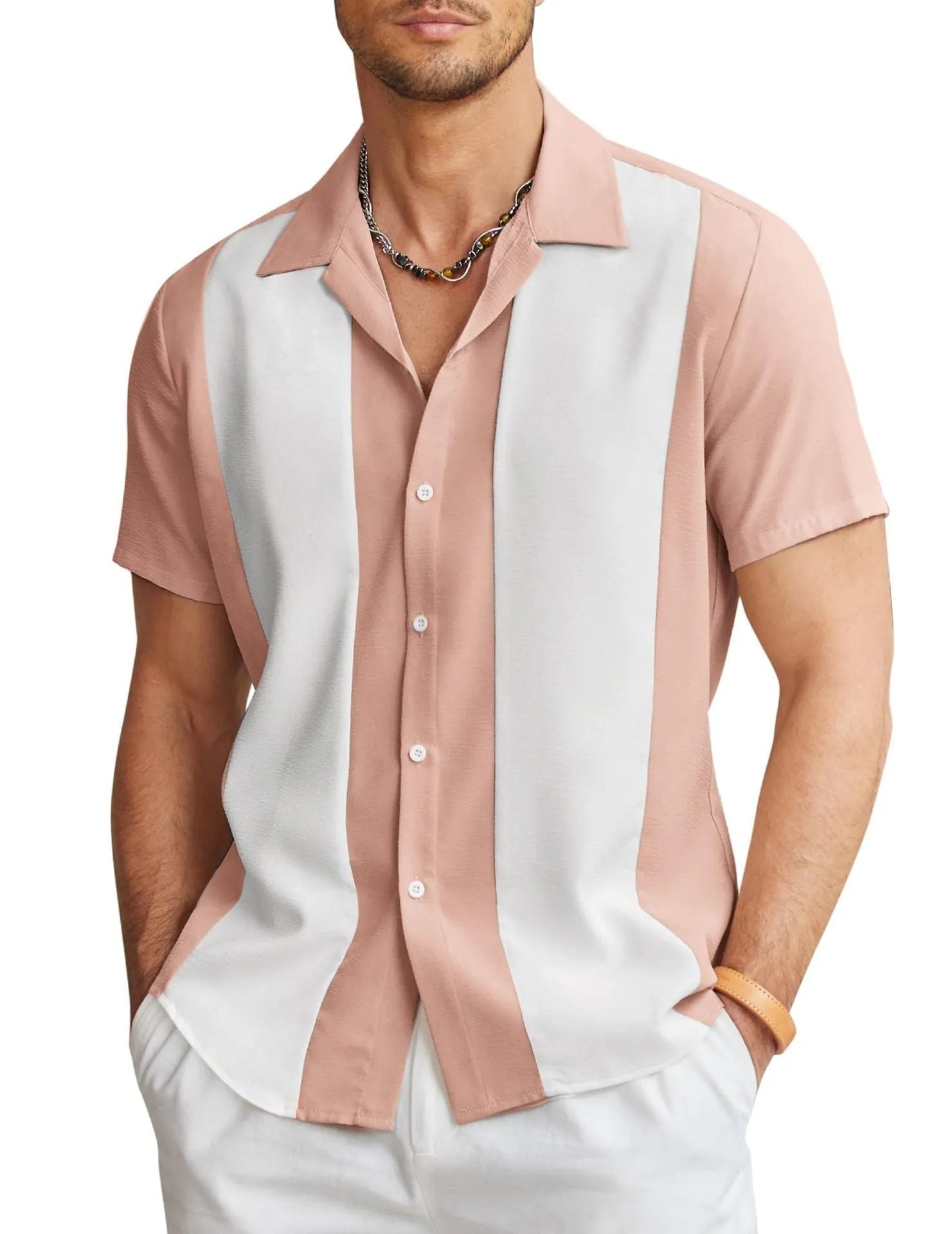 Men's slim fit short sleeve Hawaiian shirt cardigan in elastic polyester fabric