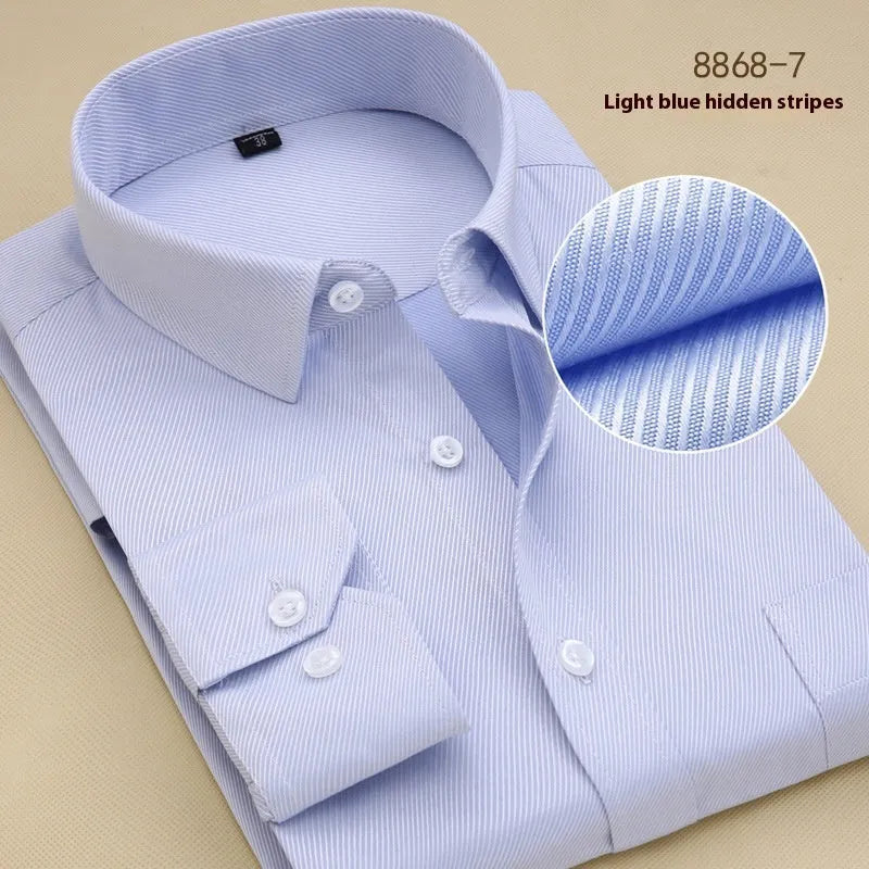 Men's black slim fit long sleeve cotton business shirt with cardigan style on a hanger.
