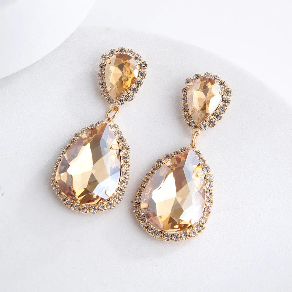 Multi-layer drop-shaped glass rhinestone metal alloy earrings for women in rose red, champagne, and blue