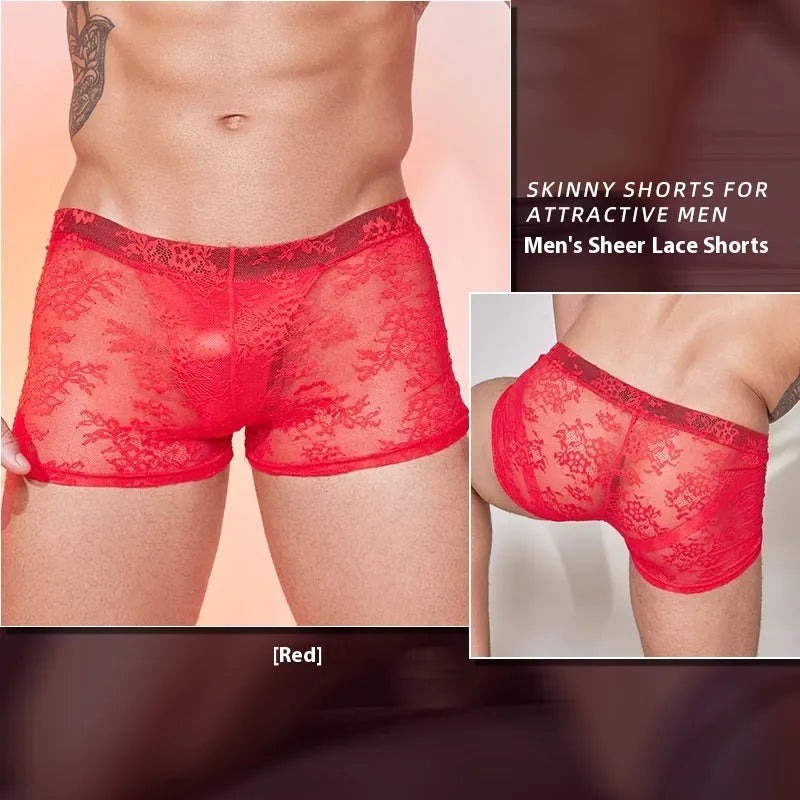 Men's black lace boxer shorts made from nylon fabric, laid flat.