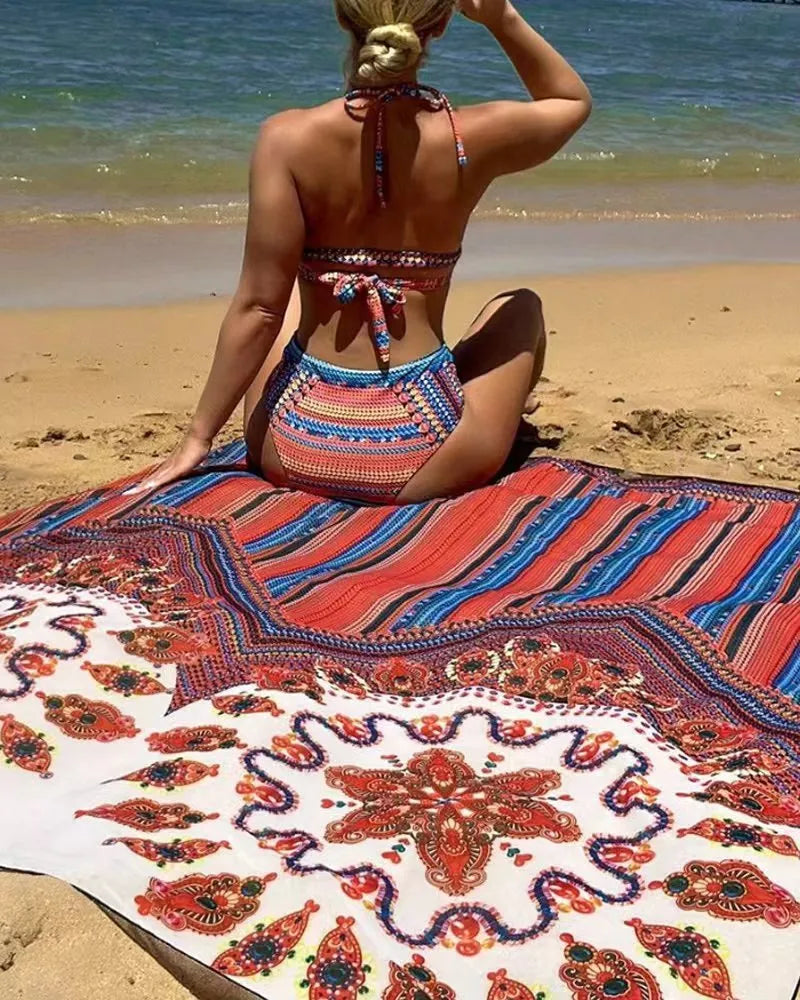 Women's three-piece swimsuit set showing sleeveless cutout blouse, high-waisted briefs, and matching coat