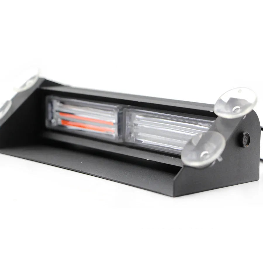 LED strobe light with aluminum housing and suction cup mount on a car windscreen