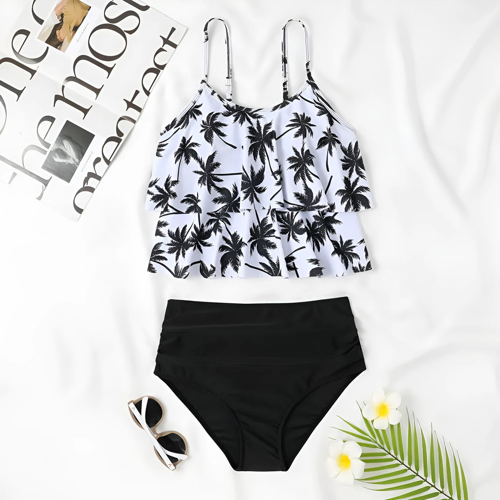 High waist double-layer printed swimsuit in polyester fabric with Black and Coconut Tree colour options