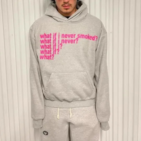 Black heavyweight hooded sweater with a graphic letter print on the front.