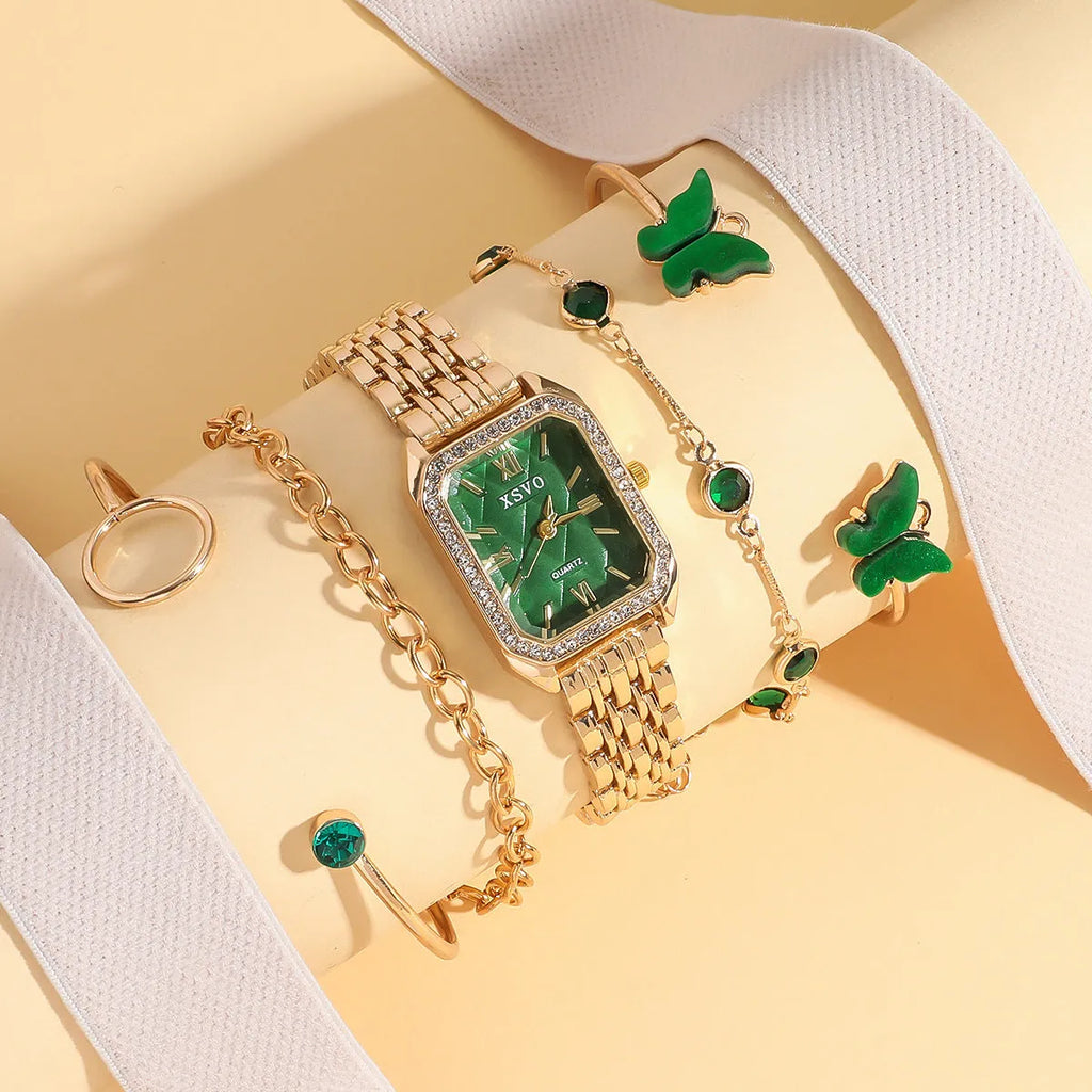 Wild Emerald gold green square ladies watch with four matching bracelets in gift set packaging