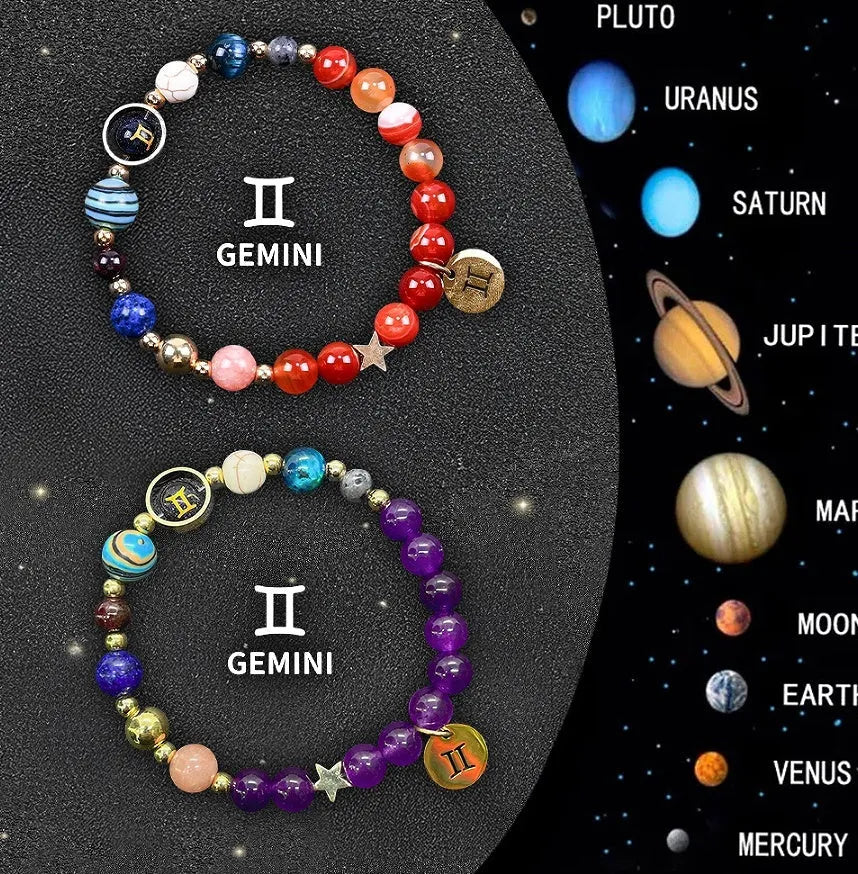 Natural stone beaded zodiac bracelet set with metal charm pendants showing astrological symbols