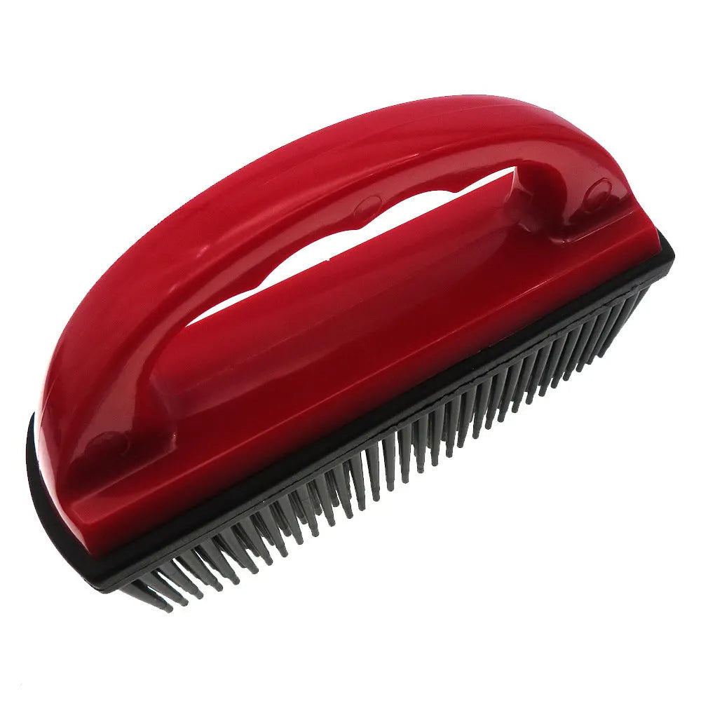Red pet hair removal brush with rubber teeth and flexible silicone bristles measuring 160mm by 85mm