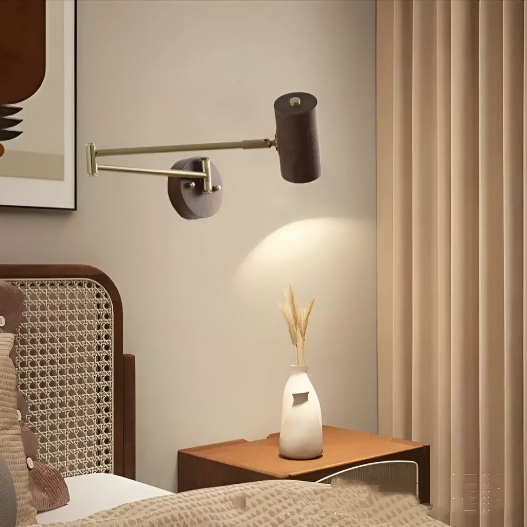 Retro-style wall lamp with a long, rotating arm and classic lamp head, shown in a wood finish with a visible wall switch.