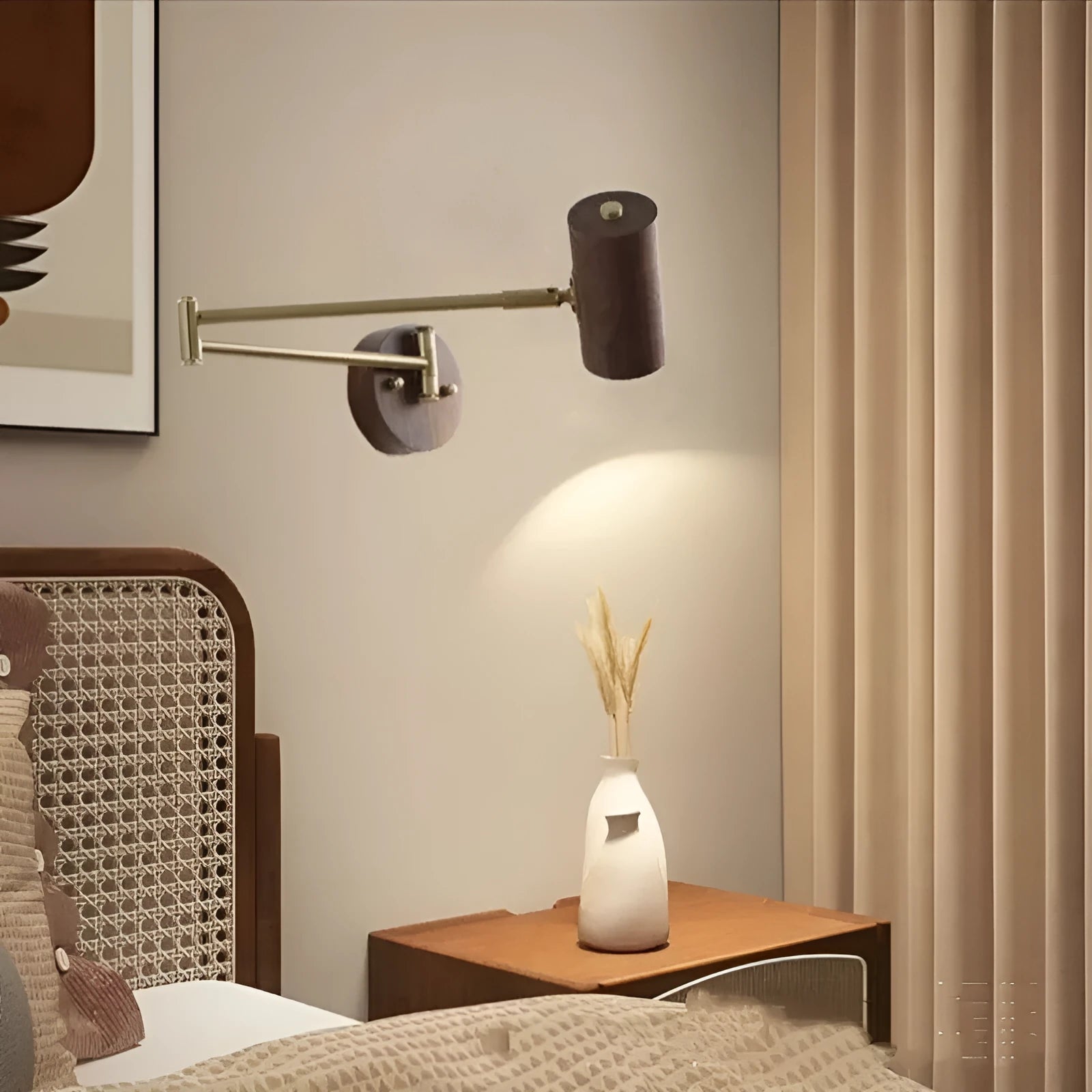Retro-style wall lamp with a long, rotating arm and classic lamp head, shown in a wood finish with a visible wall switch.