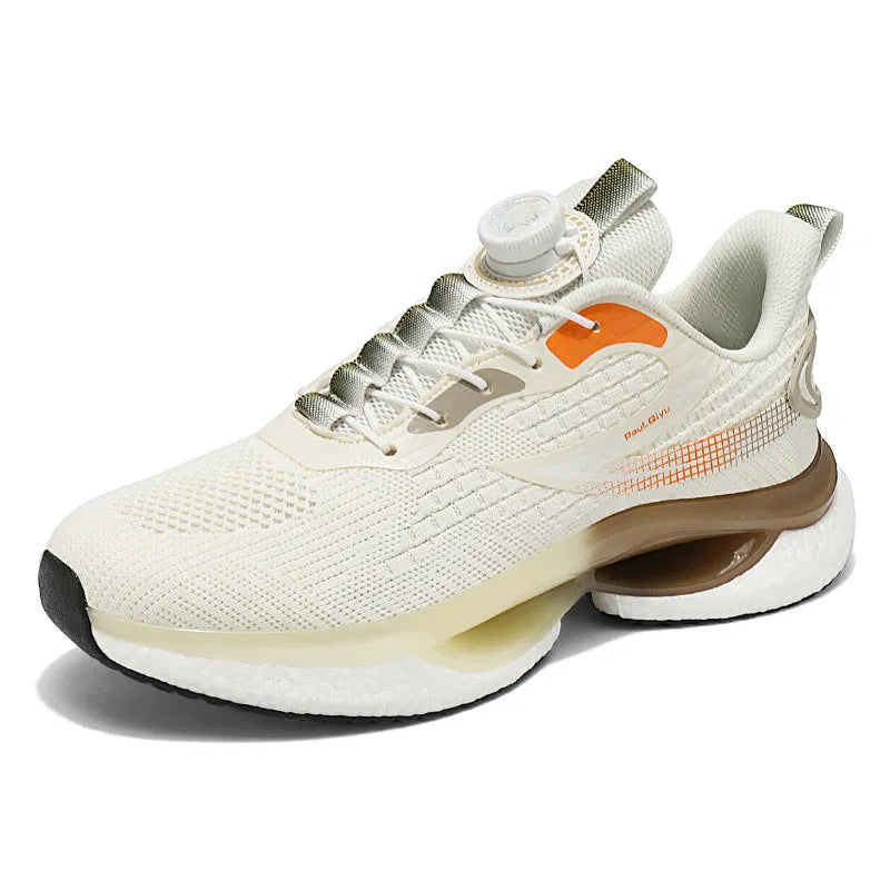 White rotating buckle running shoe with fly-kit mesh upper and low-top design on a solid background.