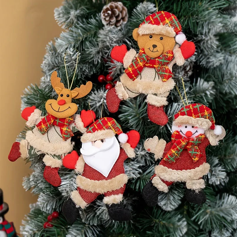 Set of four Christmas tree ornaments Santa snowman reindeer and bear figures with red white scarves golden balls red bows